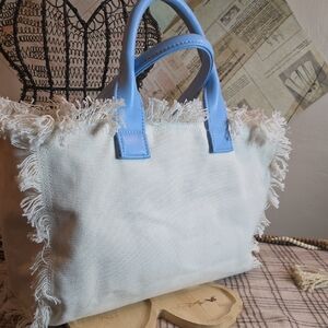 Fringed Canvas Tote Bag with Blue Handles